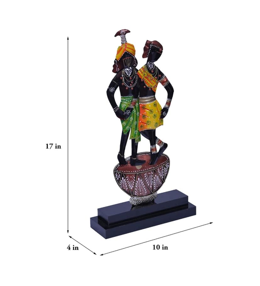Handicrafts Paradise Iron Aadivasi Couple Dancing on Tabla Showpiece on Wooden Base for Home Décor view 2