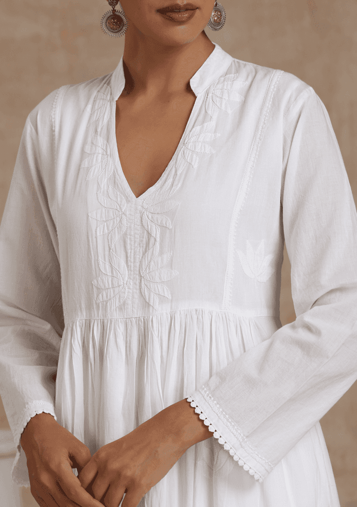 Cotton Chikankari Solid Women's Long Kurta - White view 2