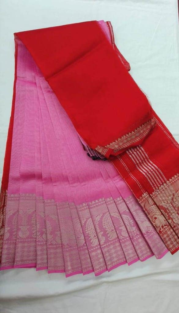 Pink and red dual tone handloom cotton saree with zari border