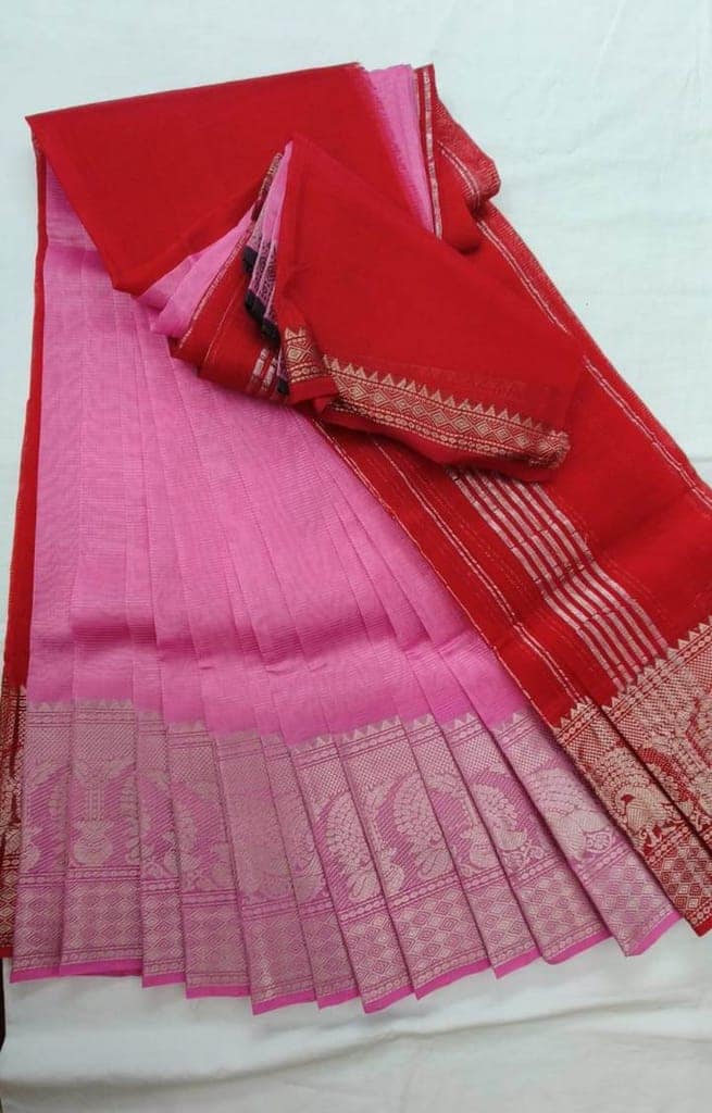 Pink and red dual tone handloom cotton saree with zari border view 2