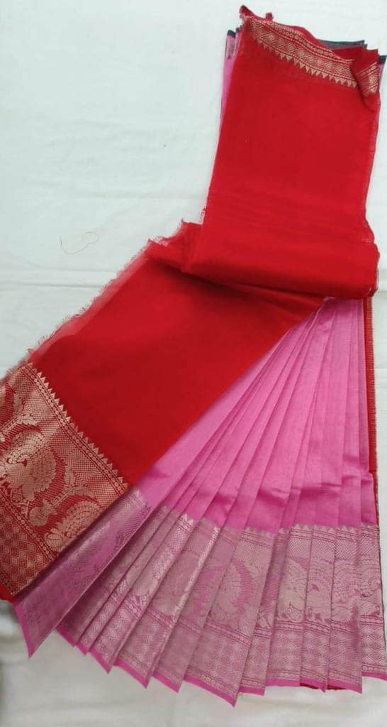 Pink and red dual tone handloom cotton saree with zari border view 3