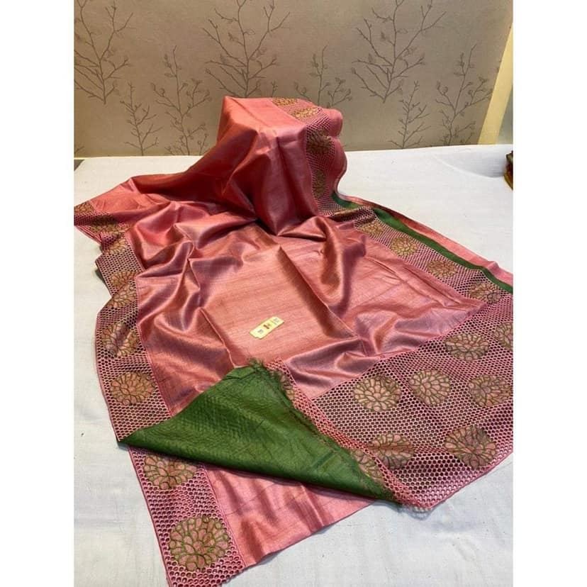 Silkmark Certifiied Pure Tussar Hand Cutwork Congo Pink Colour Saree (Tussar by Tussar Fabric)-6184
