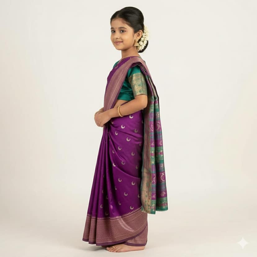 Mom and Me Maharashtrian Kids Saree - Purple Art Silk, Pre-Stitched and Comfortable view 2