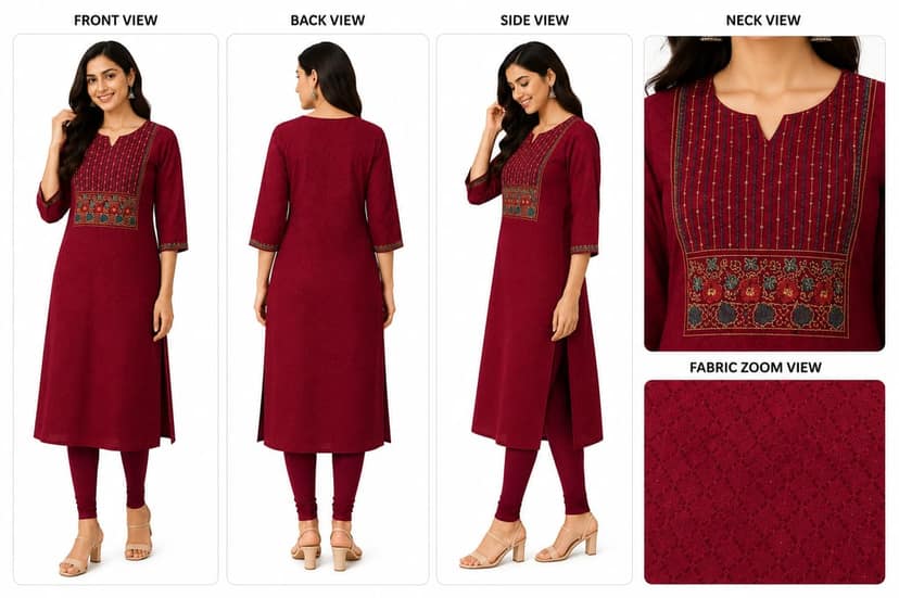 Maroon Embroidered Kurti (Top Only) view 3
