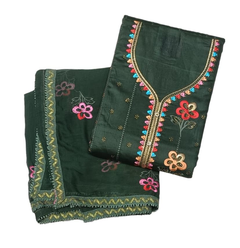 Afsh Jam Cotton Neck Embroidery And Daman Work Suit with Chiffon Multi Thread Work with Four Sided Border Dupatta