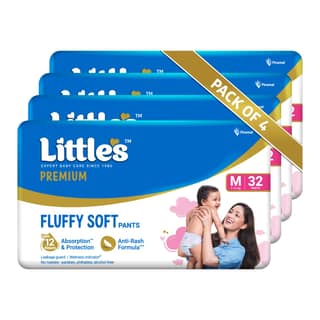 Little's Premium Baby Diapers M Size (Medium) Pants Style | 7-12 kg | 128 Count | FluffySoft Baby Diaper with Leakage Guard, Wetness Indicator & 12 Hours Absorption | (32 Count, Pack of 4) Little's Premium Baby Diapers M Size (Medium) Pants Style | 7-12