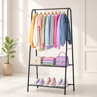 LEOPAX Metal Garment Rack with Clothes Hanging Rail and 2 Storage Shelves, Freestanding Cloth Stand for