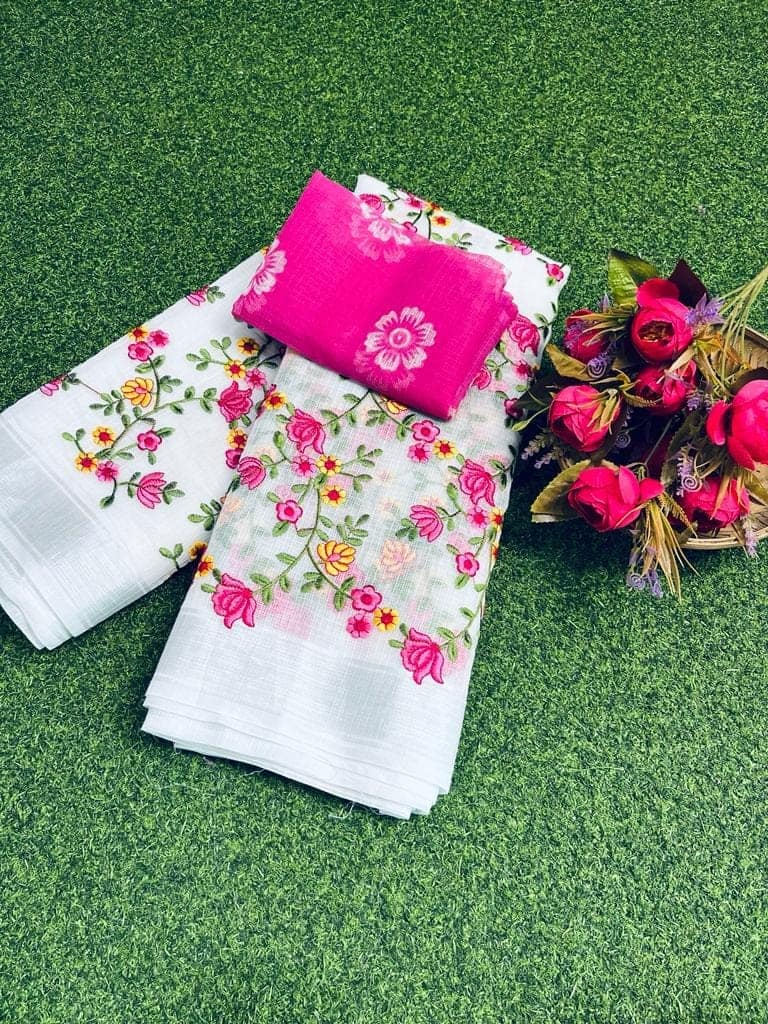 Kota Doria Saree Off White Color Floral Embroidered with Blouse Piece-1217 view 2