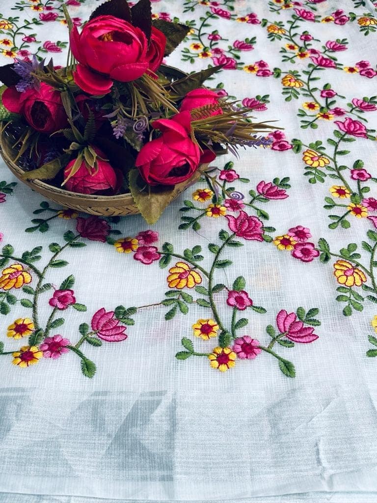 Kota Doria Saree Off White Color Floral Embroidered with Blouse Piece-1217 view 3