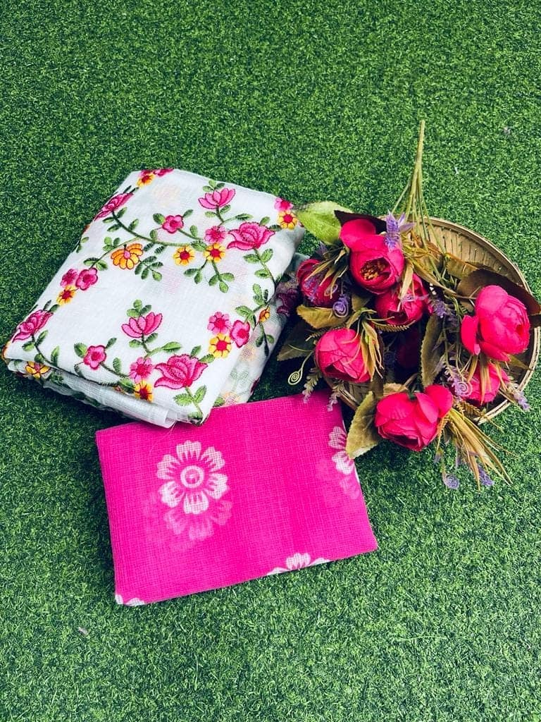 Kota Doria Saree Off White Color Floral Embroidered with Blouse Piece-1217 view 4