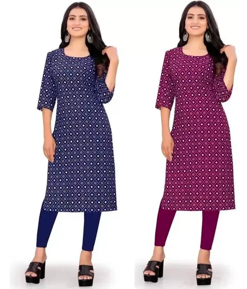 VACHHARAJ GROUP Pack of 2 Crepe Printed Straight Women's Kurti - ( Maroon,Blue )