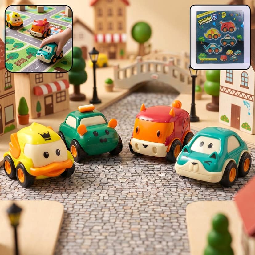 Animal Cartoon Pull-Back Toy Car Set – 4 Vibrant Mini Vehicles view 3
