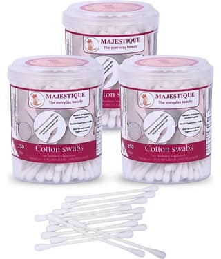 Majestique Cotton Swabs Sticks, Round Box, Gentle on Face, Ear Cleaning Pack of 3 - Color May Vary