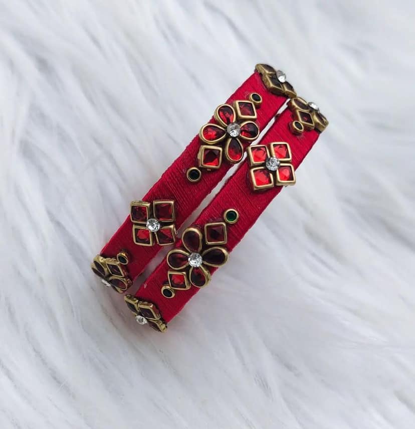 Red and Green Silk Thread Bangle Set with Kundan and Pearl Embellishment