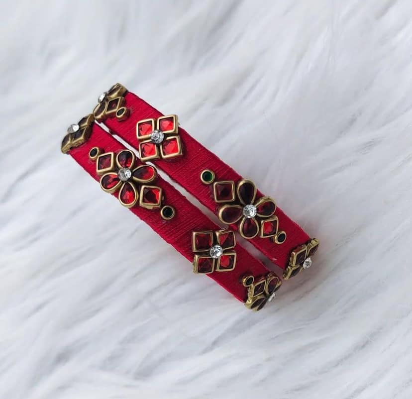 Red and Green Silk Thread Bangle Set with Kundan and Pearl Embellishment view 2