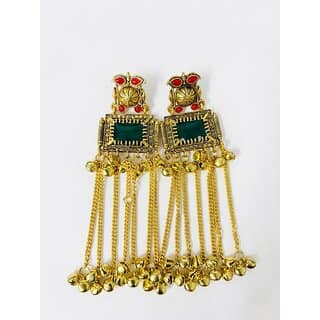 Traditional Kashmiri Jhumka Earrings for Women Gold-Toned Finish with Green Red Stones Tassel Chain with Ghungroo