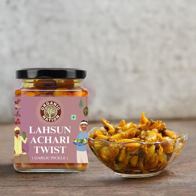 Organic Nation Garlic Pickle - Lahsun Achari Twist | Homestyle Indian Pickle | Authentic Traditional Taste | No Preservatives | 250g view 3