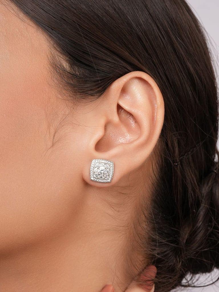 925 Sterling Silver Rhodium Plated Geometric Square Cluster CZ Studds Earrings view 2