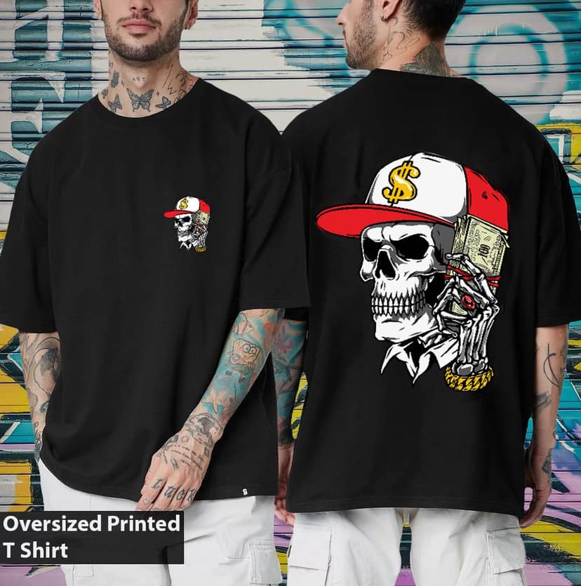 SCOTT FINCHER Men's Casual Hip Hop T-Shirt with Skull Graphic and Money : AA(ARN)BLACK_196 view 3
