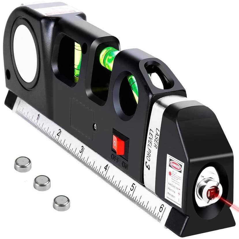 Laser Level Pro 3 Tool with Built-in Ruler, Horizontal Vertical Cross Line Laser, Bubble Levels, Battery Operated