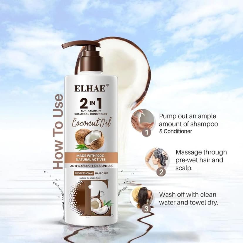 ELHAE 2-in-1 Anti Hairfall and Anti Dandruff Shampoo with Conditioner for Women and Men | Hairfall Control, Dandruff Protection, and Coconut Oil Extract for Oil Control - 300ml view 5