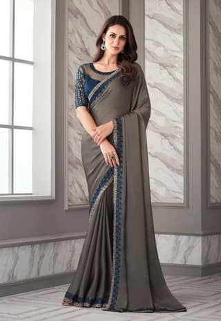 Embroidered Border Georgette Saree in Grey