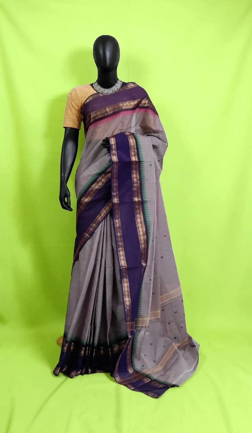 Handwoven Kanchipuram Cotton-Silk Saree in Grey with Contrast Border