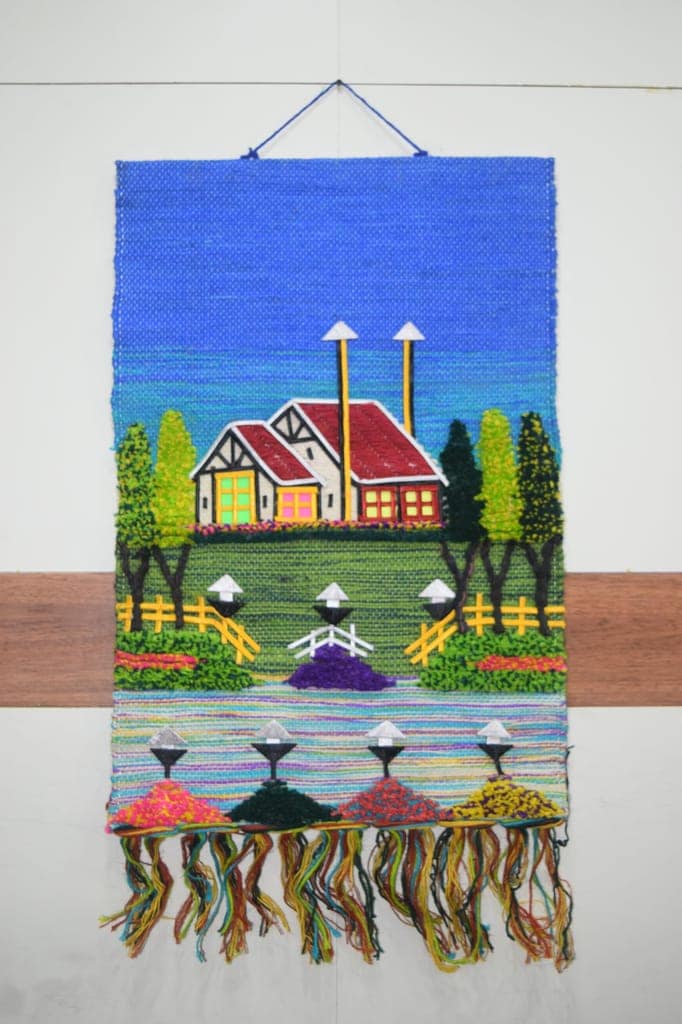 Handwoven Decorative Wall Tapestry, Countryside Village Scene with Houses, Trees, Colorful Landscape, Textile Art, Blue