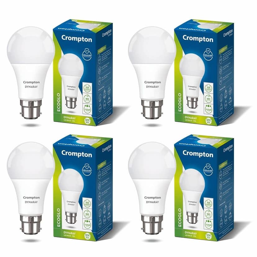 Crompton DynaRay 9W LED Bulb | Cool Day Light | B22 Base | 180 Beam | Surge & High Voltage Protection | Pack of 4