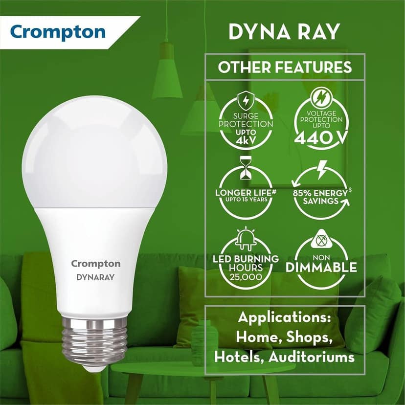 Crompton DynaRay 9W LED Bulb | Cool Day Light | B22 Base | 180 Beam | Surge & High Voltage Protection | Pack of 4 view 2