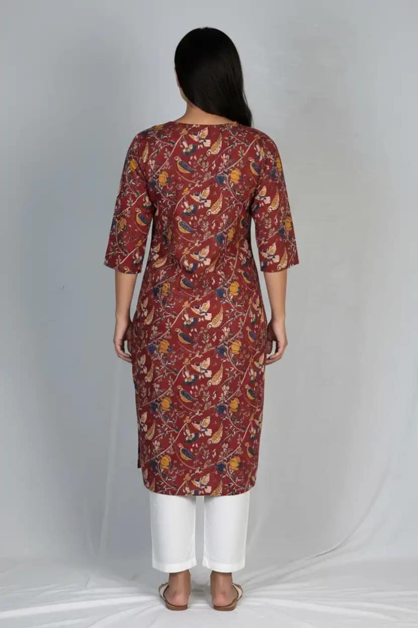 Pedana Kalamkari Screen-Print Cotton Kurti in Maroon and Orange view 4