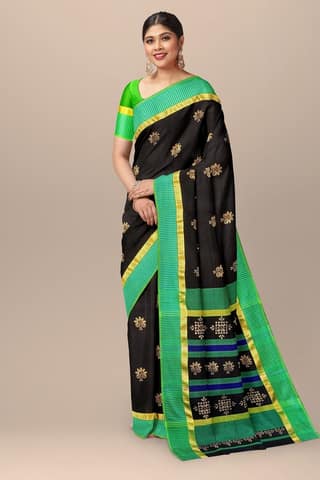 Black Peacock Motif Handwoven Hand Block Print Sausar Silk Saree SKU-AS10079