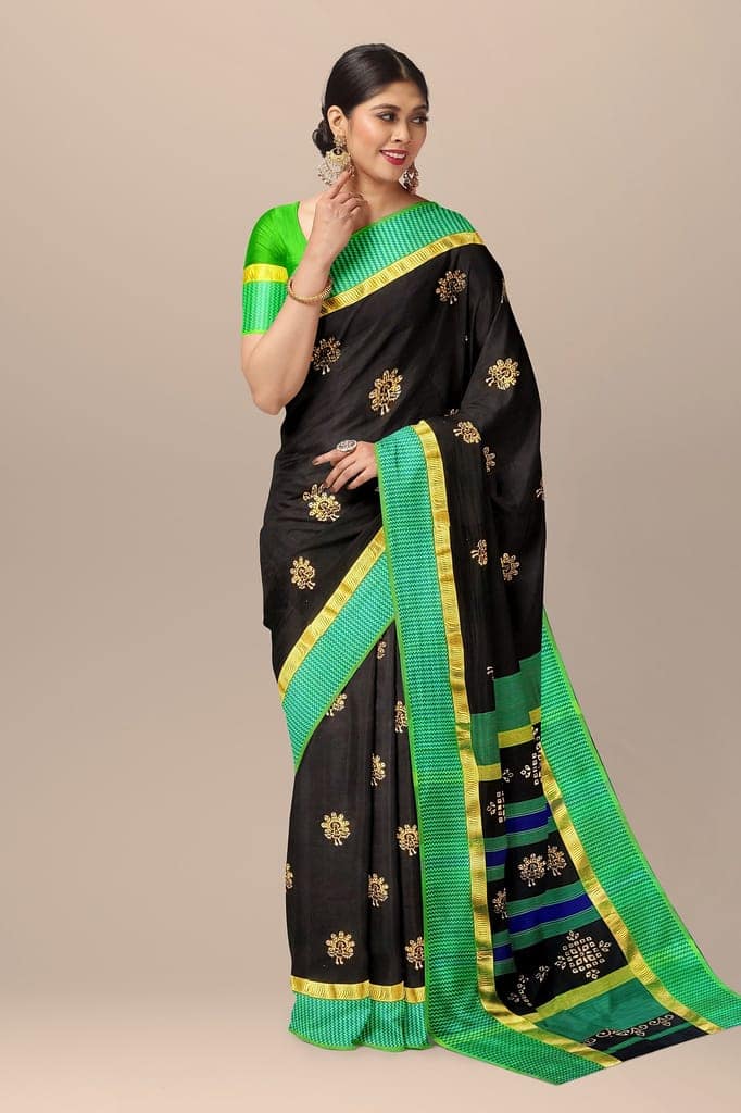 Black Peacock Motif Handwoven Hand Block Print Sausar Silk Saree SKU-AS10079 view 2
