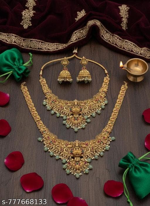 Latest Bridal Temple Jewellery Combo Set Antique Gold Plated Lakshmi Long Haram Necklace with Short Necklace & Jhumka Earrings view 2