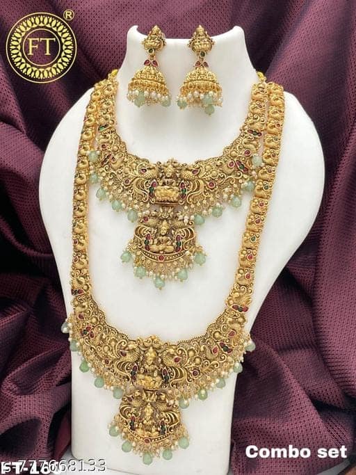 Latest Bridal Temple Jewellery Combo Set Antique Gold Plated Lakshmi Long Haram Necklace with Short Necklace & Jhumka Earrings view 3