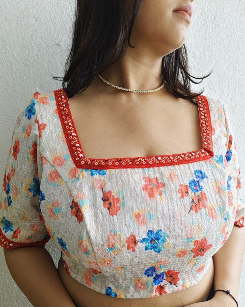Crepe Silk Stitched Blouse White Color Floral Printed and Sequence Work with Lace-3908 view 2
