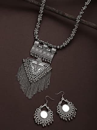 Cardinal Oxidized Silver Color Long Necklace Set