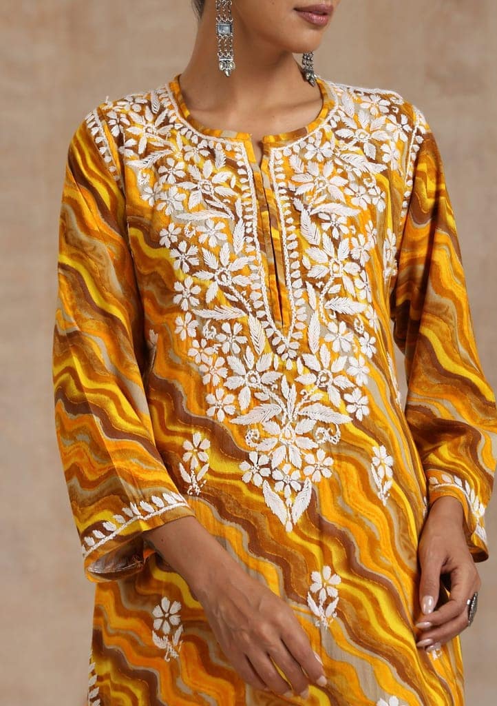 Rayon Chikankari Printed Women's Long Kurta - Yellow view 2