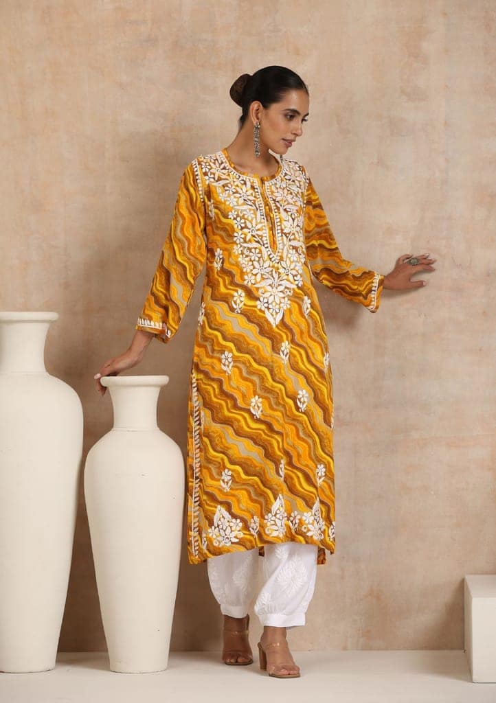 Rayon Chikankari Printed Women's Long Kurta - Yellow view 3