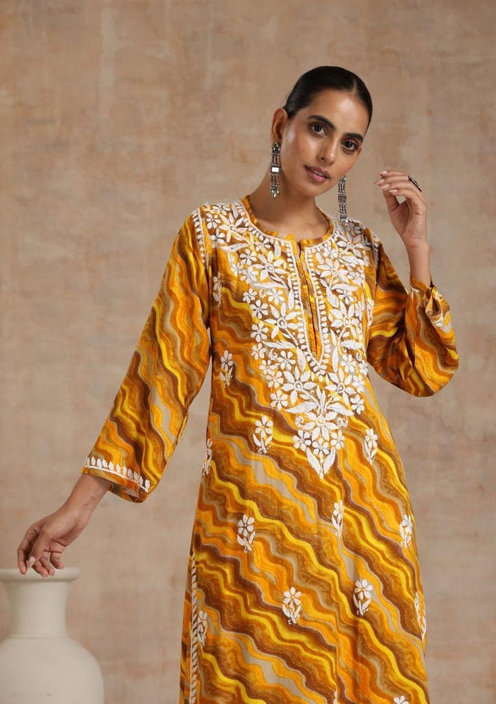 Rayon Chikankari Printed Women's Long Kurta - Yellow view 4