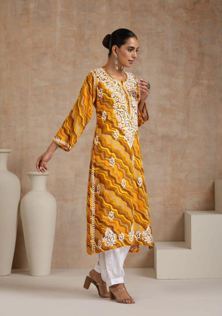 Rayon Chikankari Printed Women's Long Kurta - Yellow view 5