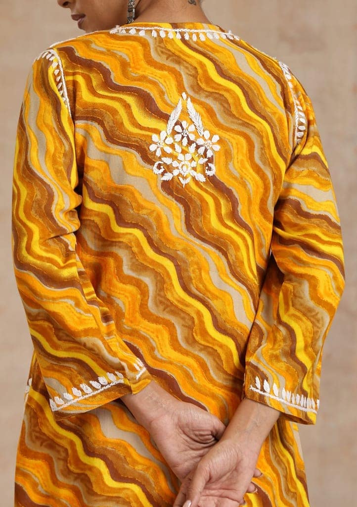 Rayon Chikankari Printed Women's Long Kurta - Yellow view 6