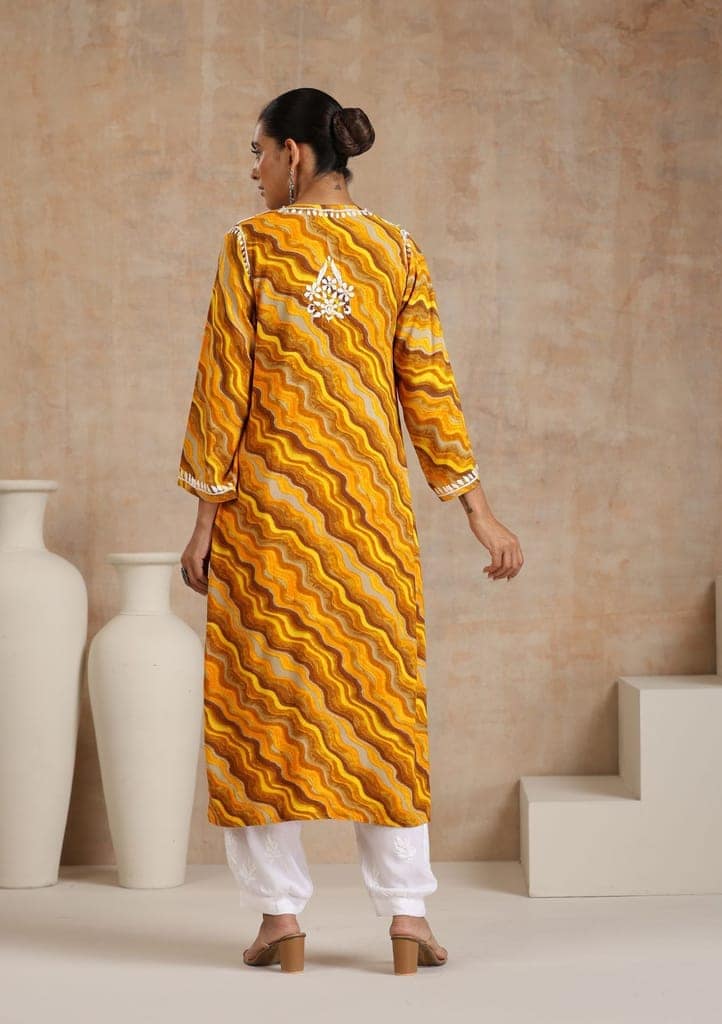 Rayon Chikankari Printed Women's Long Kurta - Yellow view 7