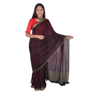Tribes India Handwoven Black and Red Bandhej Saree