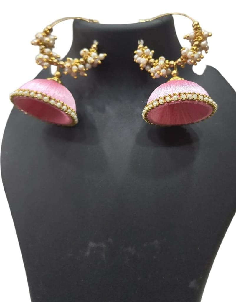 "Stunning Pink Silk Thread Jhumka Earrings with Pearl and Gold Beads for Women" view 2
