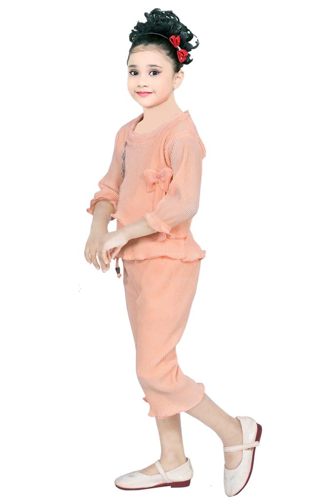 Peach Ruffle Sleeve Top and Pants Set for Girls view 3
