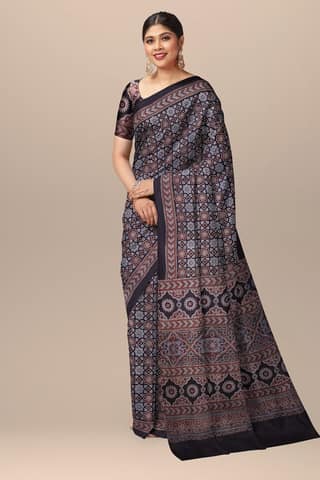 Black Geometrical Pattern Hand Block Print Ajrakh Cotton Saree SKU-BS10081