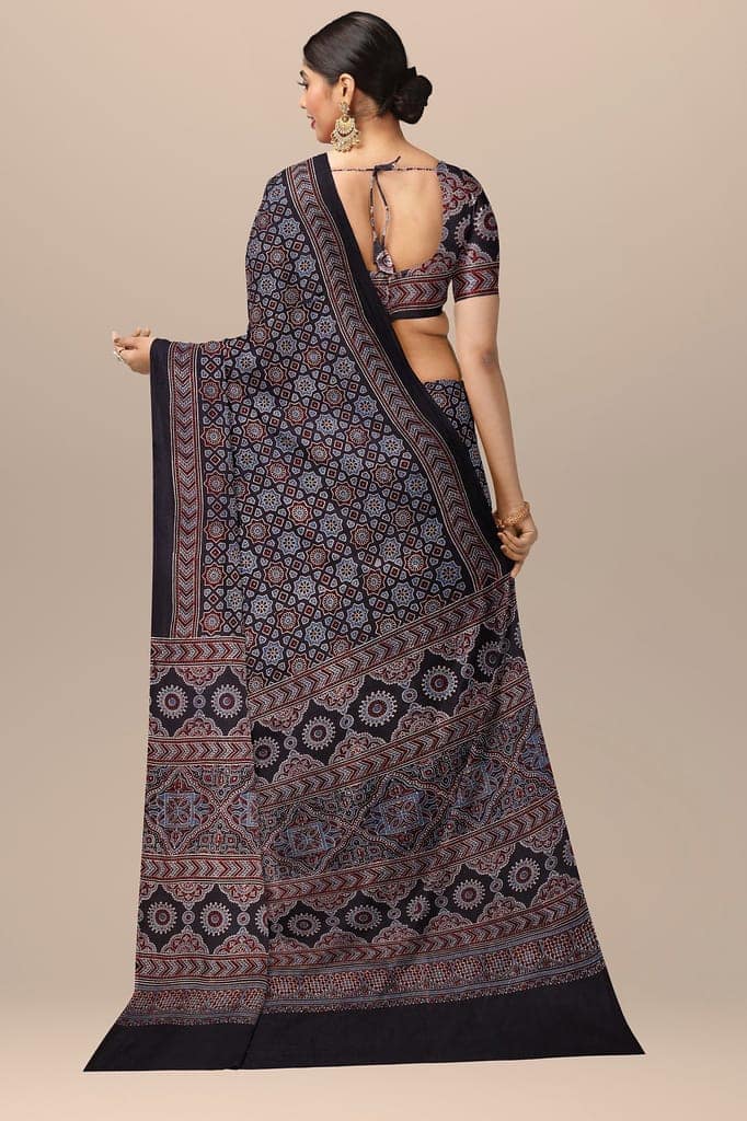 Black Geometrical Pattern Hand Block Print Ajrakh Cotton Saree SKU-BS10081 view 2