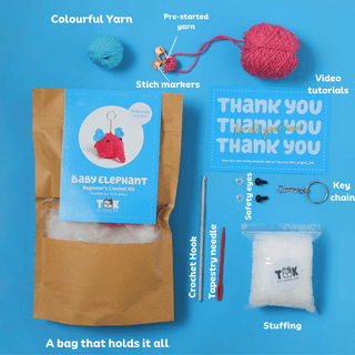The Original Knit Beginner's Crochet Kit- Baby Elephant - Pink & Blue