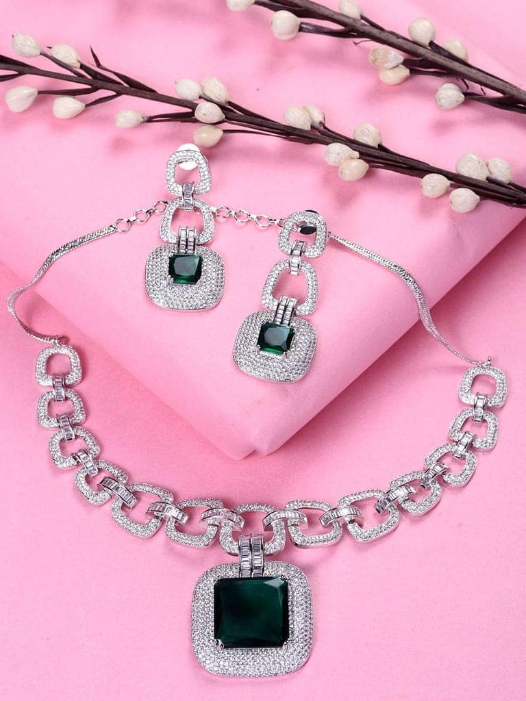 Silver Plated Green AD Studded Statement Necklace Jewellery Set view 2